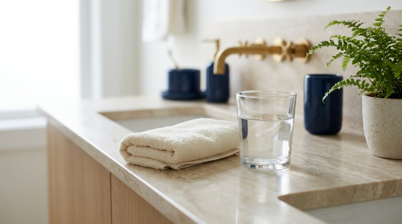 Glass of water and a clean cloth on a bathroom counter
