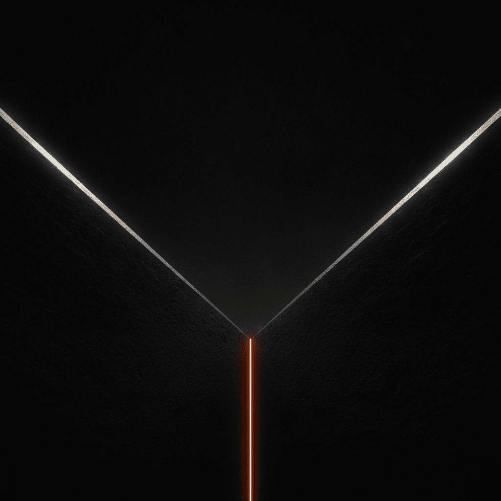 Single orange seam of light dividing two converging black architectural planes in deep void