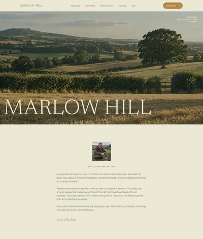 Farm website built with AI showing a landscape hero with the farm name across the bottom and a letter from the farmer beneath