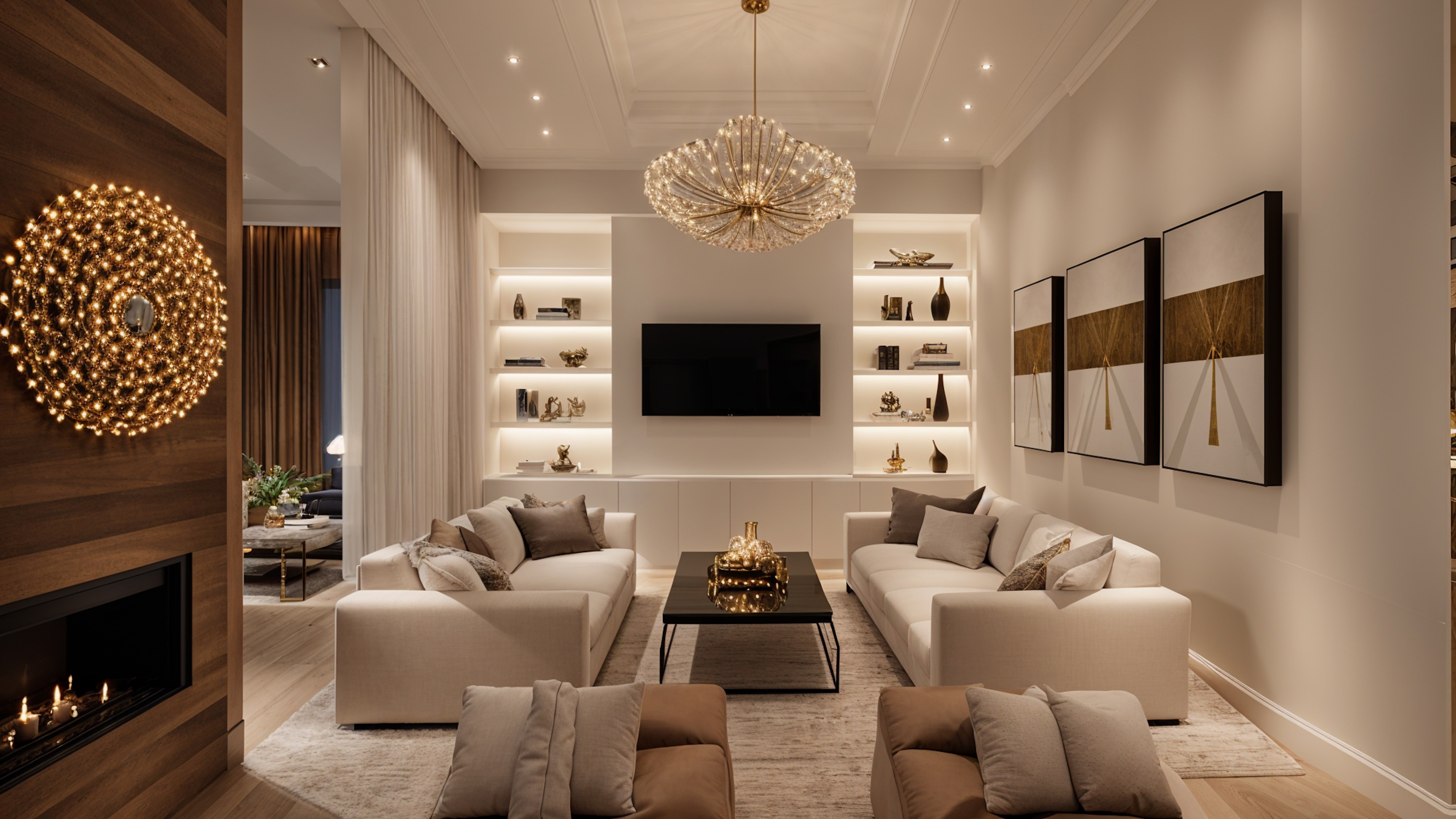 Elegant sitting room with a crystal chandelier, custom shelving, and soft neutral furnishings.