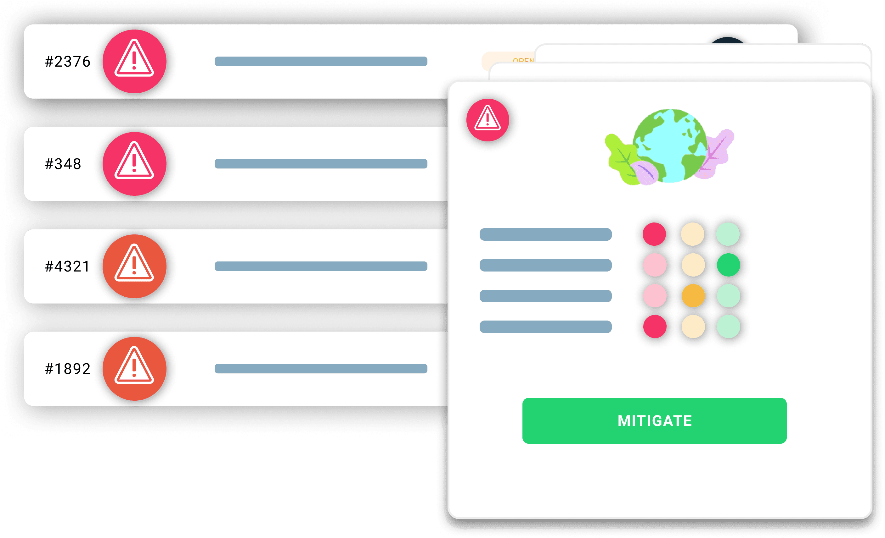 Das Bild zeigt eine digitale Benutzeroberfläche mit einer Liste von Warnmeldungen auf der linken Seite, jede gekennzeichnet durch ein rotes Warnsymbol und eine eindeutige Nummer, sowie ein global ausgerichtetes Dashboard auf der rechten Seite mit einer Darstellung der Erdkugel, Linien als Datenrepräsentation, farbigen Kreisen und einem auffälligen grünen "Mildern"-Button.