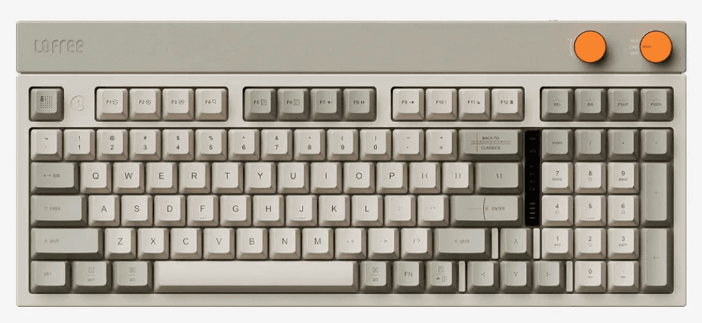 Lofree Block mechanical keyboard in sage green and cream retro keycaps with two orange knobs, shown from above.