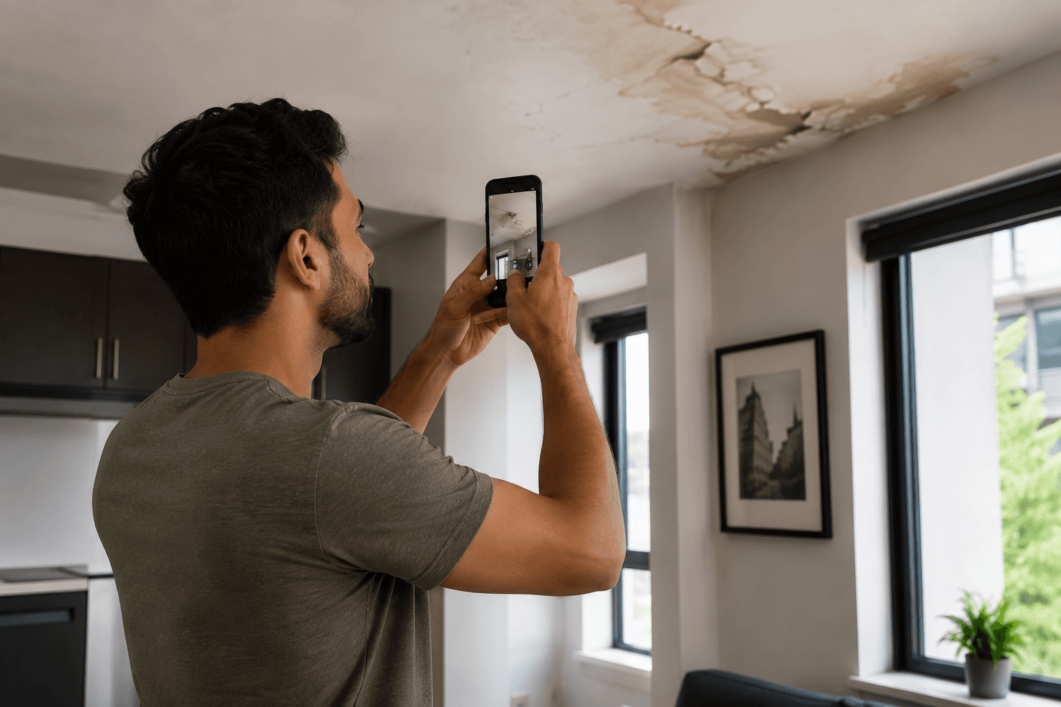 Ontario tenant photographing water damage on a rental property ceiling to document maintenance issues for a T6 application.
