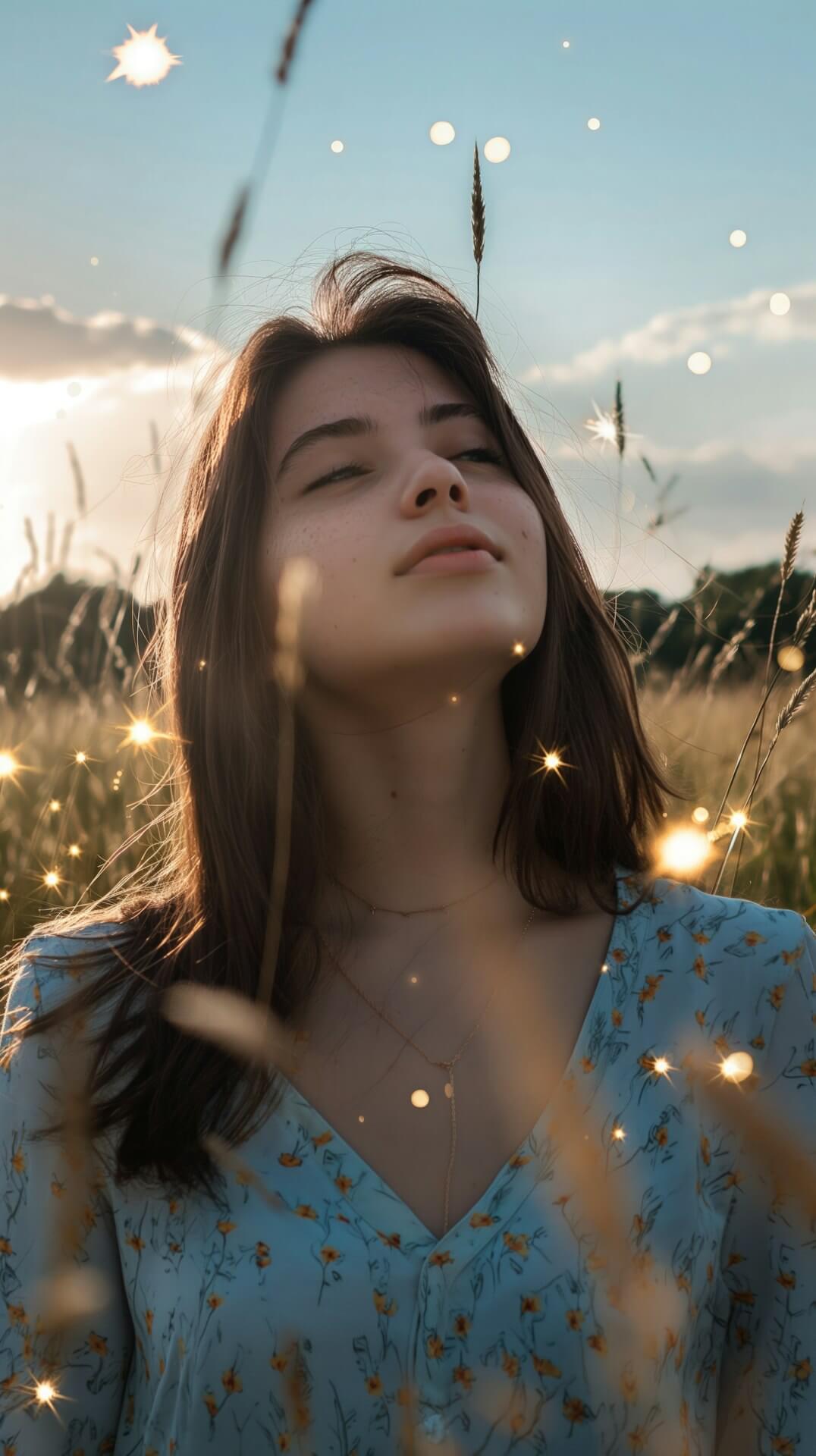 A woman joyfully holds sparklers while standing in a vibrant field, surrounded by nature's beauty