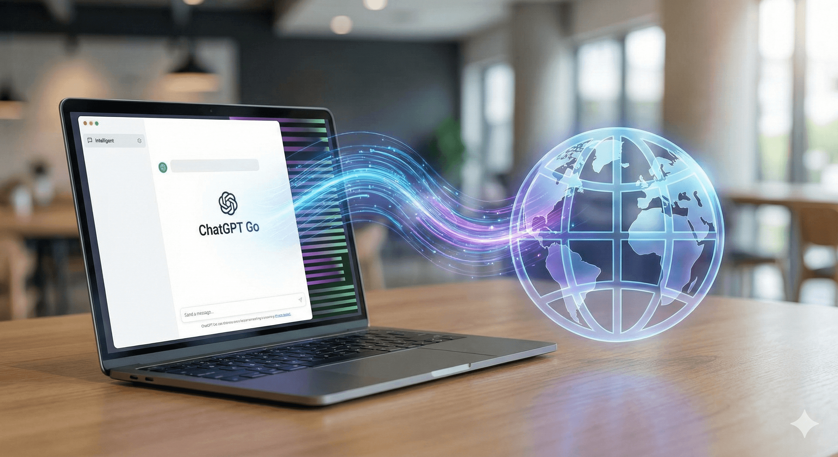 A laptop displaying a ChatGPT Go interface is connected digitally to a glowing 3D globe, symbolizing global access to GPT-5.2 instant features.