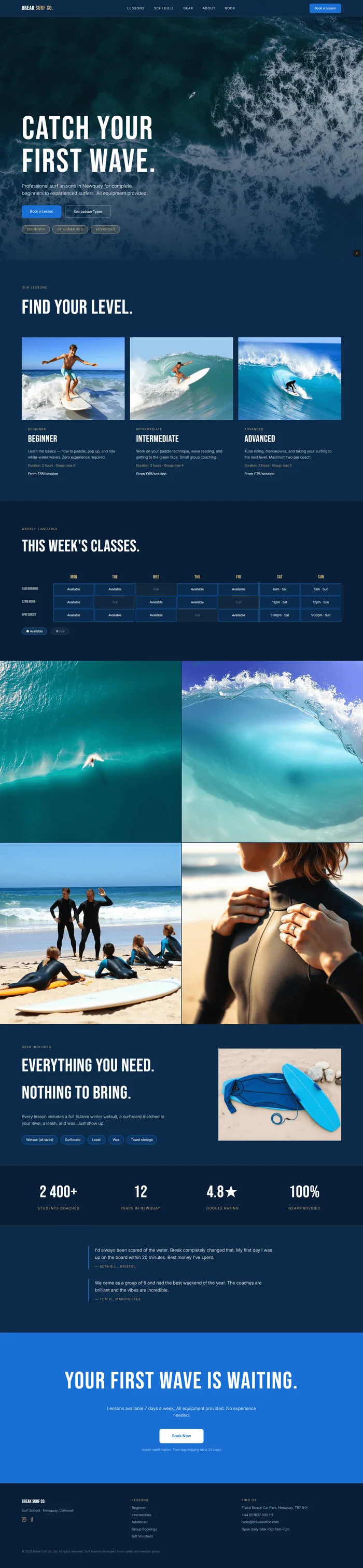 Full preview of a deep ocean navy surf school website with electric cobalt CTAs and warm sand accents. Bebas Neue display type, an aerial photography hero, and a full 7×3 class schedule grid give the site bold, action-forward energy.
