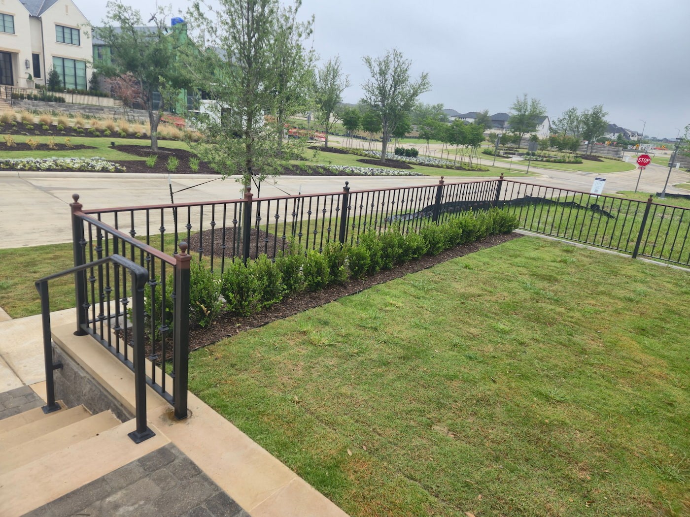 Freshly installed sod lawn on a North Texas property after professional grading