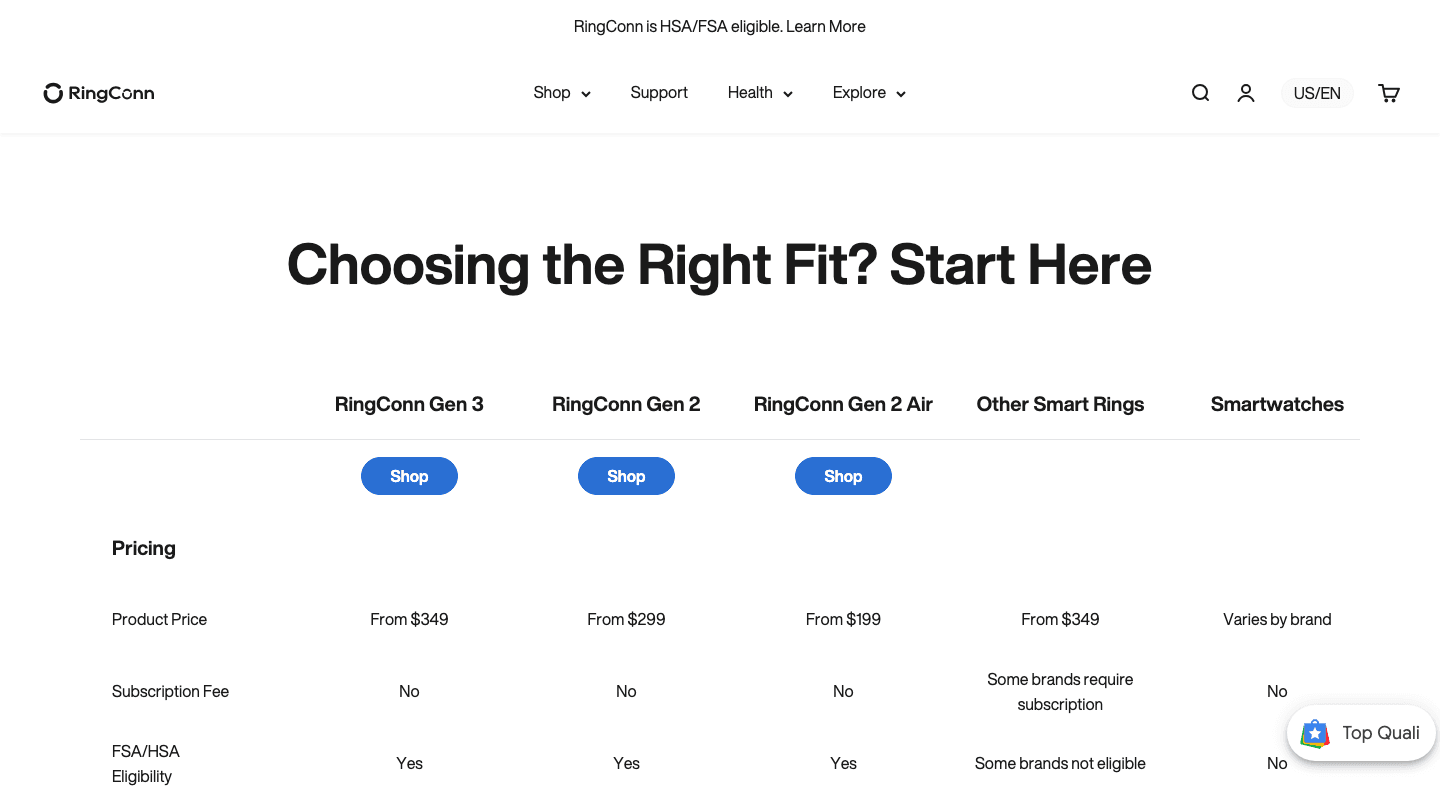 RingConn Gen 2 and Gen 2 Air comparison chart on RingConn website