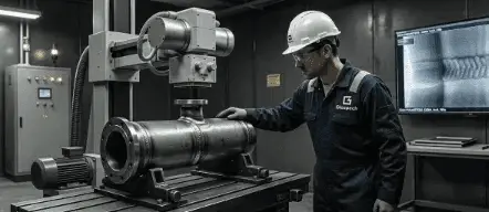 Glospech technician positioning welded steel component under X-ray tube in controlled radiography bay at Duncanville facility, Vereeniging