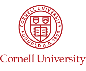 The image features the red and white Cornell University logo, showcasing a circular emblem with a shield containing an open book and intertwined symbols, encircled by the words "Cornell University Founded A.D. 1865," with the university name displayed prominently below.