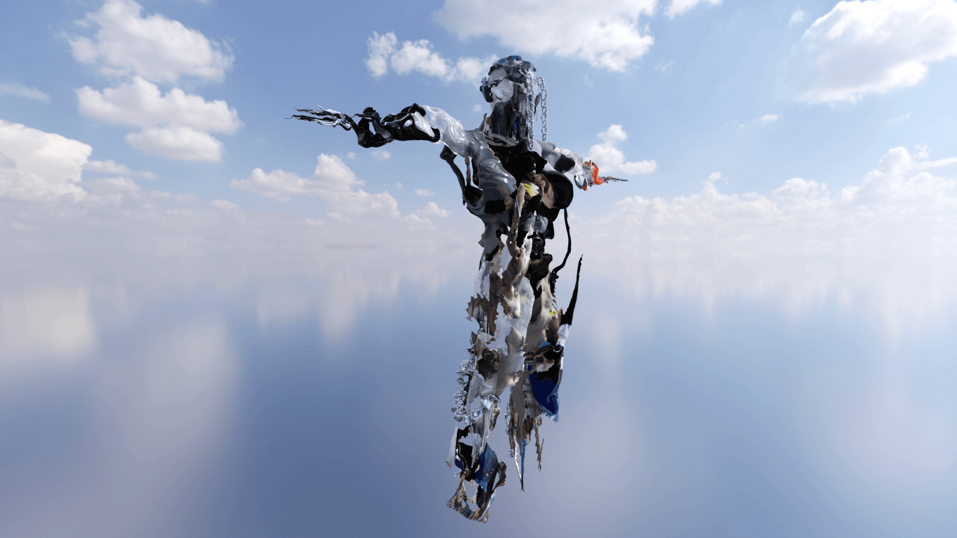 side view of a 3D digital avatar  suspended in a reflective sky environment, featuring layered chrome, translucent, and organic materials, outstretched asymmetrical arms, and intricate surface detailing that blends mechanical and fluid elements.
