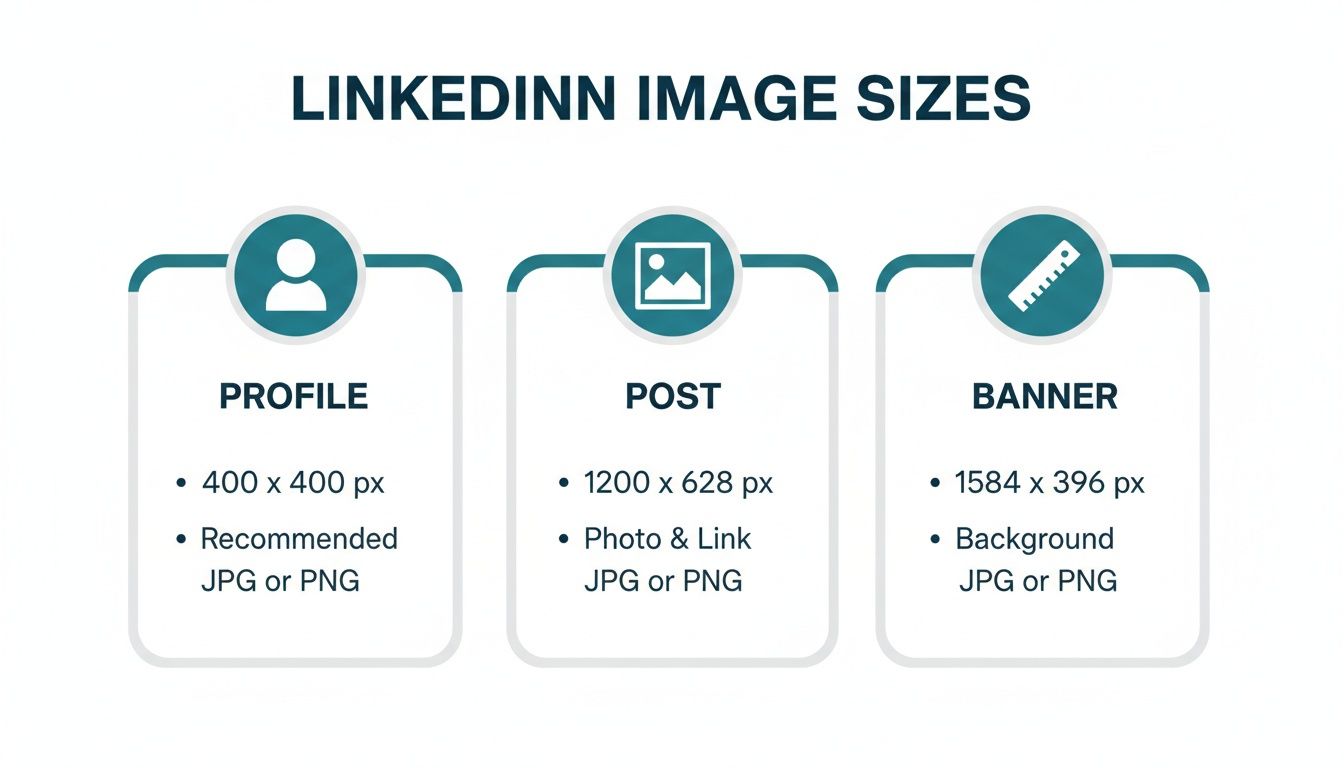 Infographic displaying recommended image sizes and file types for LinkedIn profiles, posts, and banners.