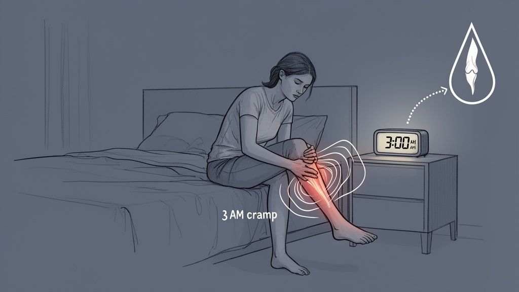 A woman awakens with a painful leg cramp at 3 AM, holding her calf.