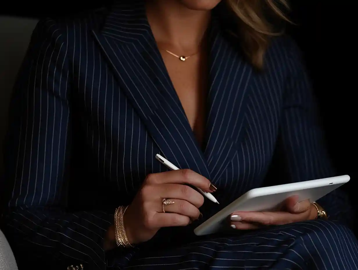 A professional in a pinstripe suit holding a digital tablet and stylus, symbolizing precision, care, and thorough screening processes provided by United Nannies.