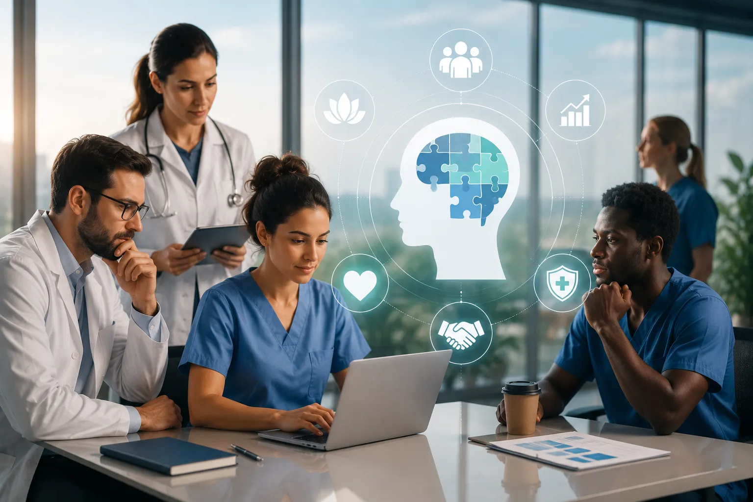Profissional de saúde ocupacional analisando riscos psicossociais no trabalho e seu impacto na saúde mental e segurança dos trabalhadores