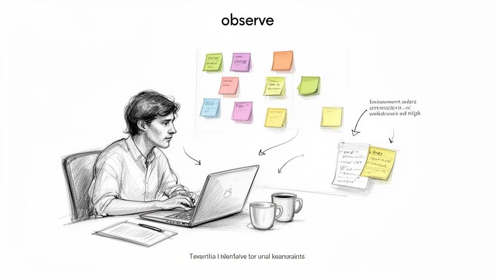 A detailed sketch illustrates a man working on a laptop, observing sticky notes on a wall.