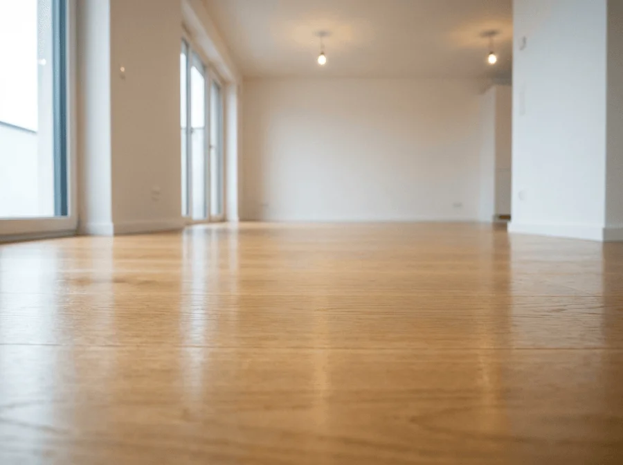 Eine Nahaufnahme aus sehr niedriger Perspektive auf einen frisch gereinigten, glänzenden Parkettboden aus hellem Holz in einem großzügigen, leeren Zimmer mit Fenstern im Hintergrund.