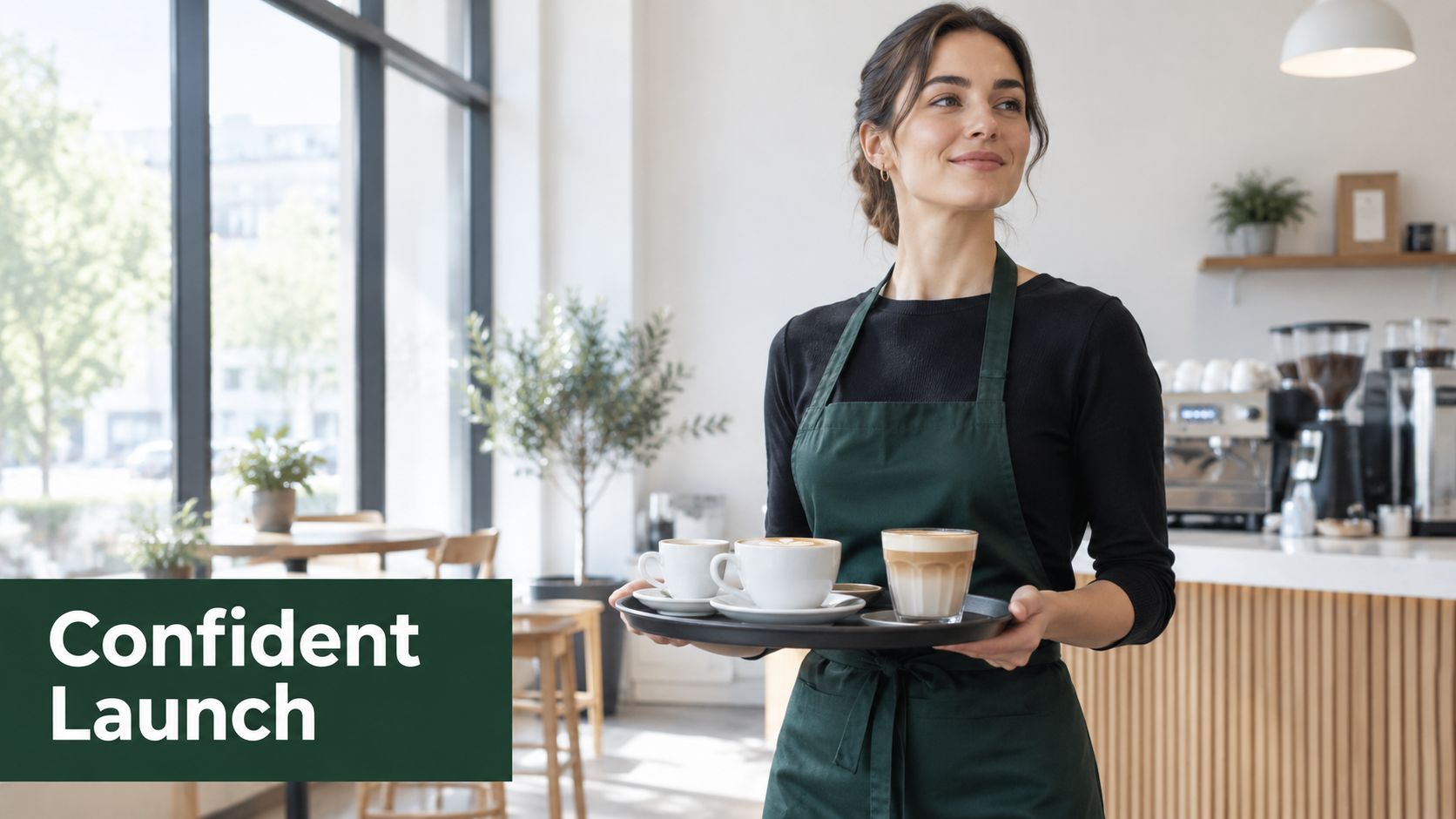 A smiling barista wearing a green apron holds a tray with three coffee cups in a cafe.