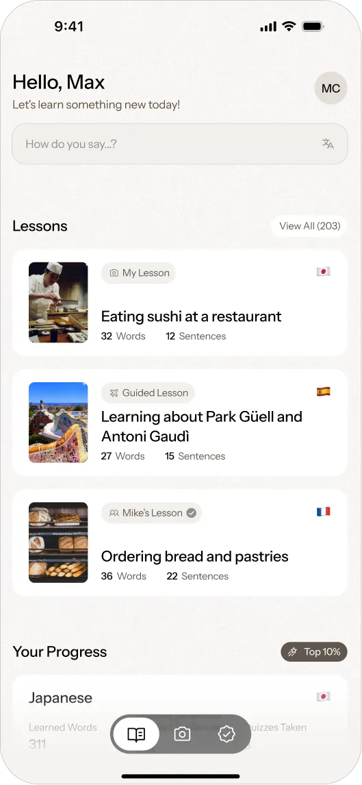 Mobile UI design showcasing a language learning app dashboard with lesson list and progress