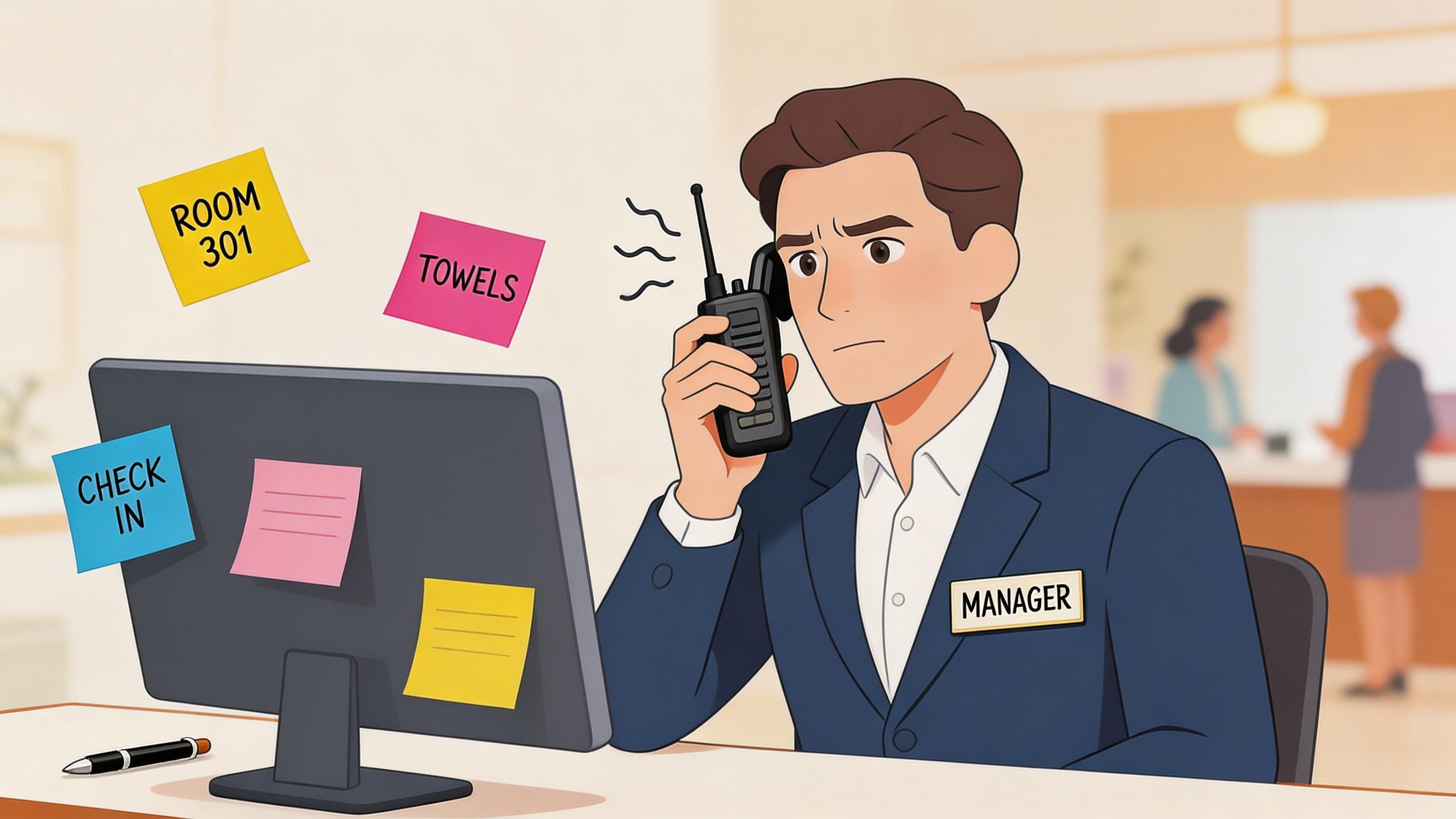 A hotel manager in a suit using a walkie-talkie while looking stressed at his computer monitor.