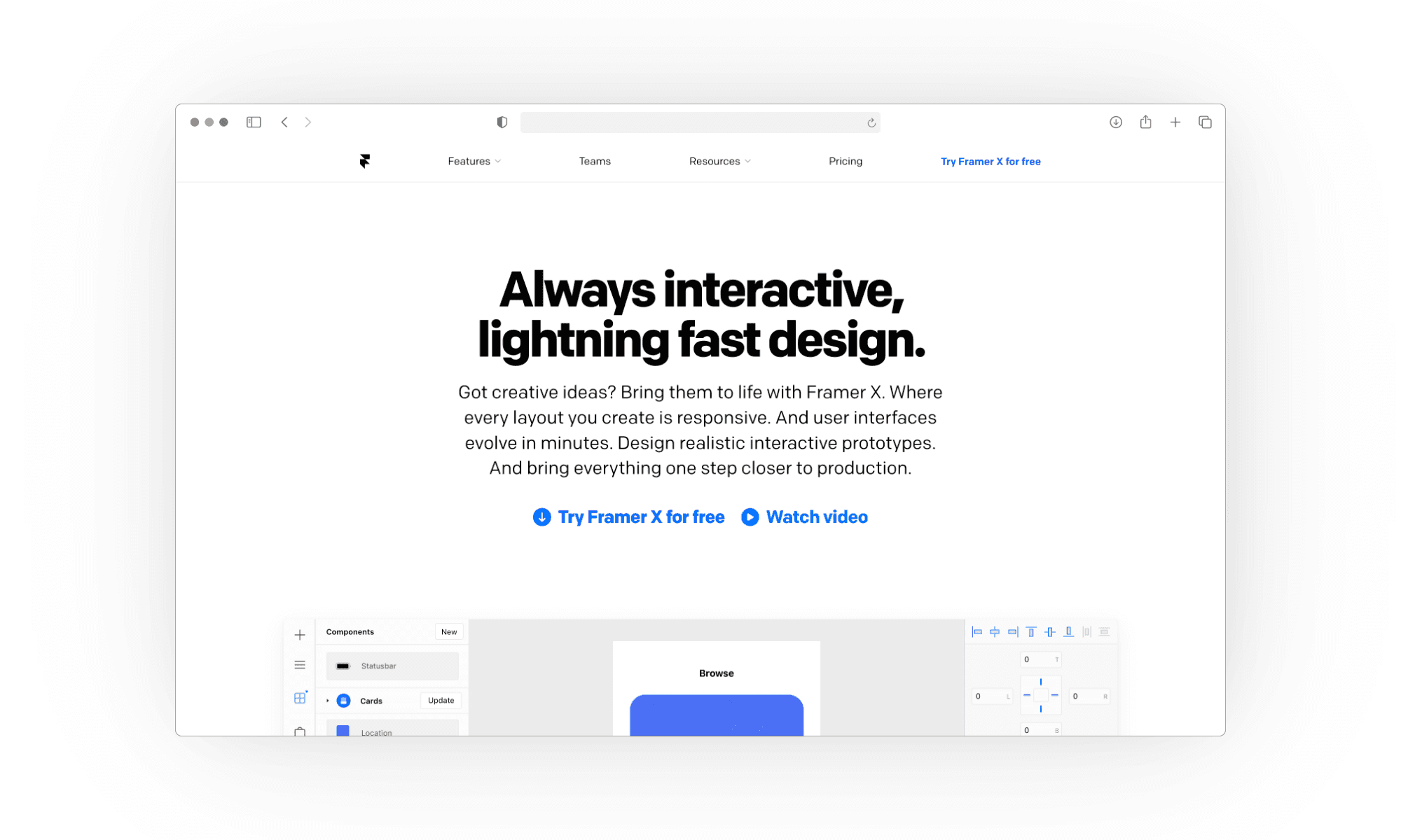 How Framer X interface looked like before Framer turned into a no-code website builder