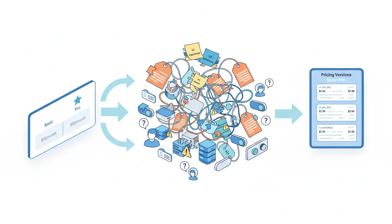 Isometric illustration of SaaS pricing evolution: tangled price tags, legacy flags, feature drift, and a clean pricing-versions snapshot