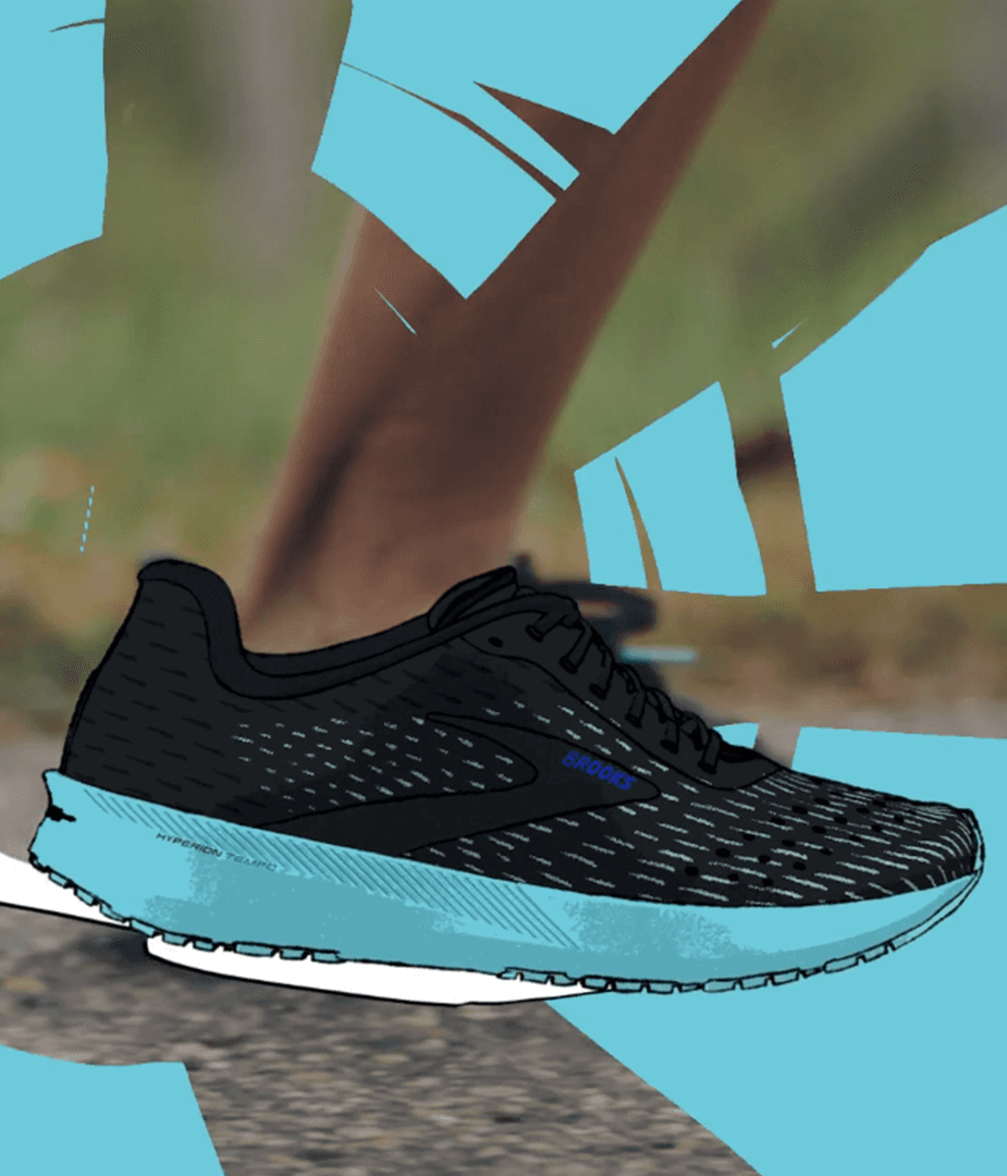 Black Brooks Hyperion Tempo shoe with blue illustrated motion bursts over live-action running footage, visualizing speed and performance.