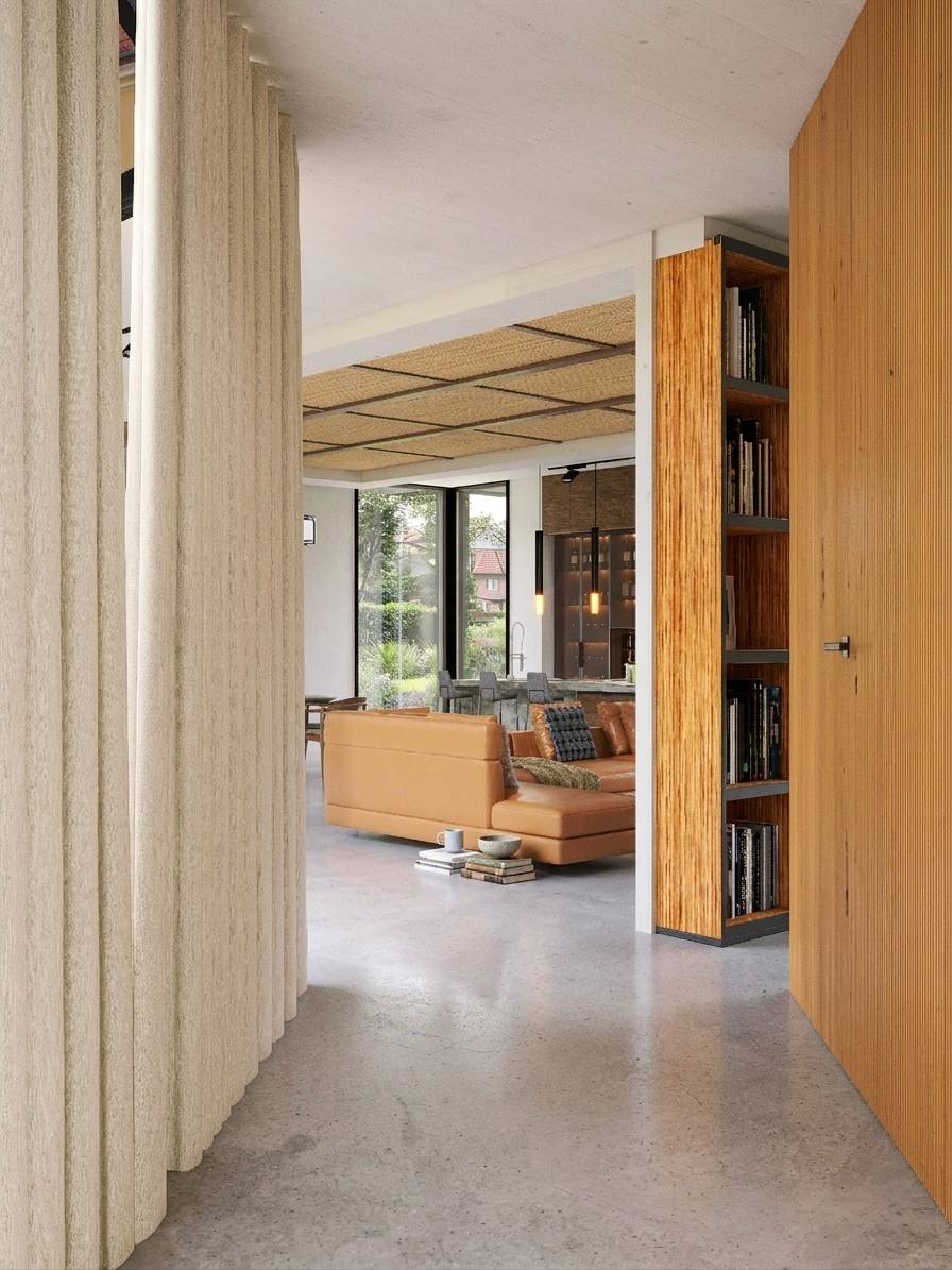 A serene bedroom with purple tones, a minimalist bed, wooden nightstands, and soft natural lighting.