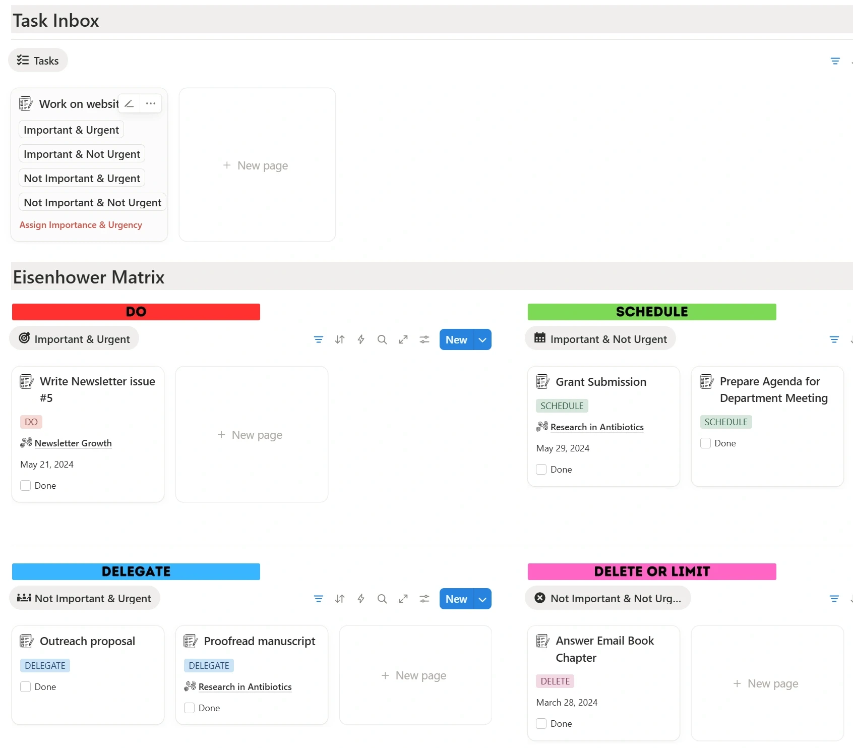Eisenhower Matrix view in EisenTask Suite categorizing tasks into Do, Schedule, Delegate, and Delete sections for better prioritization and focus