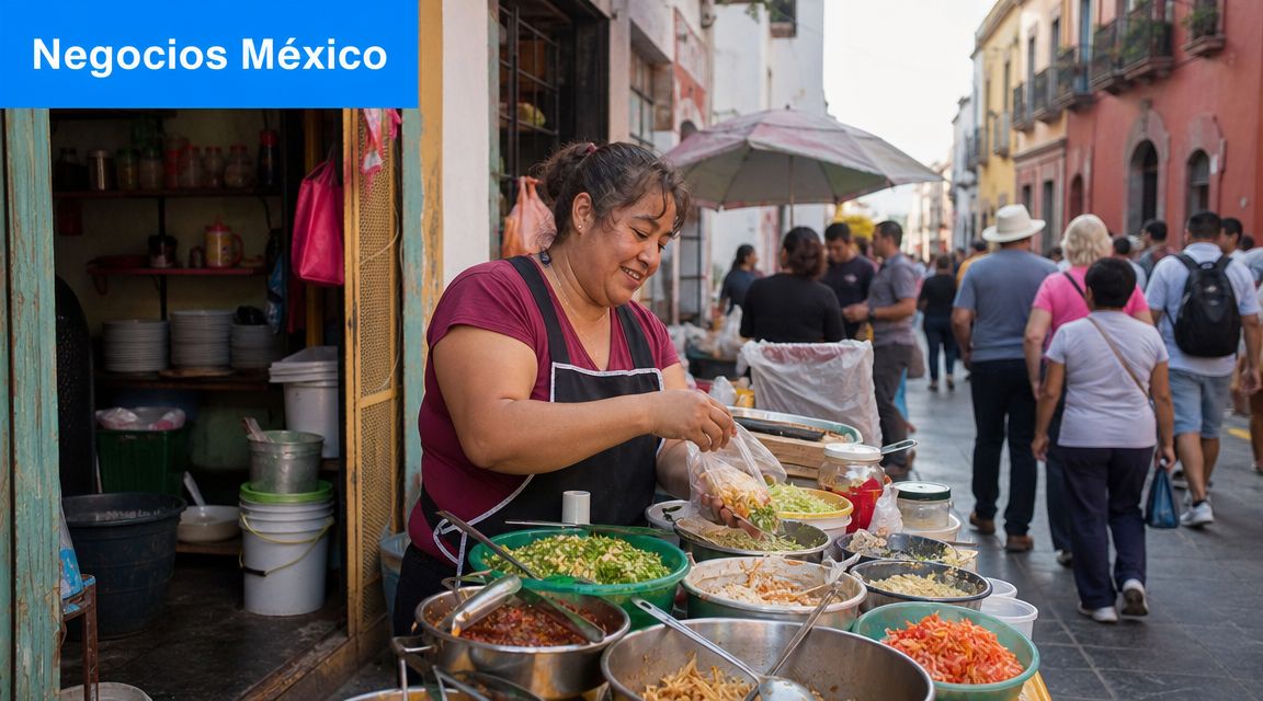 Una mujer sonriente prepara comida mexicana en un puesto callejero para servir a sus clientes.