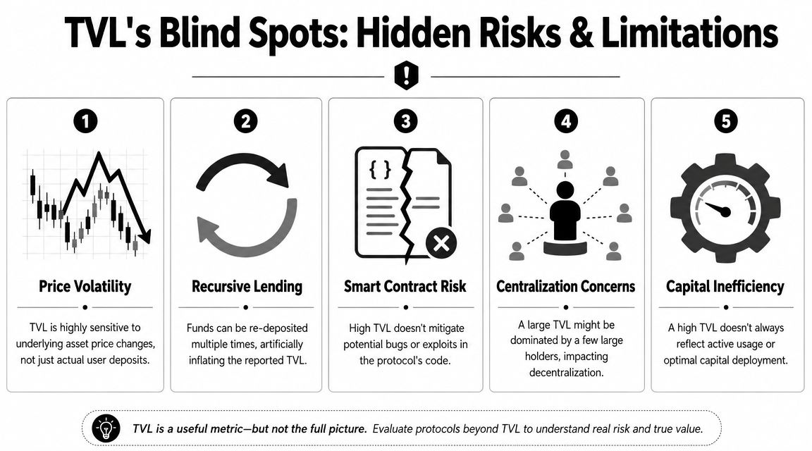 An infographic detailing five key risks and limitations associated with the total value locked metric in cryptocurrency.
