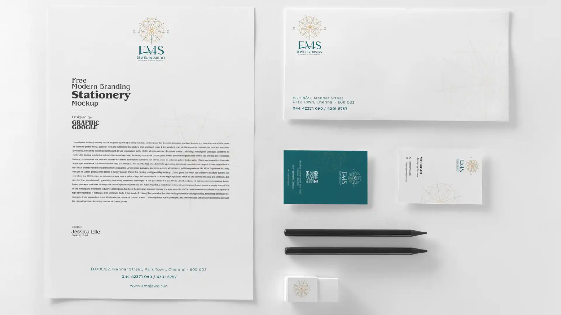 EMS Jewellers stationery suite with letterhead, envelope and business cards