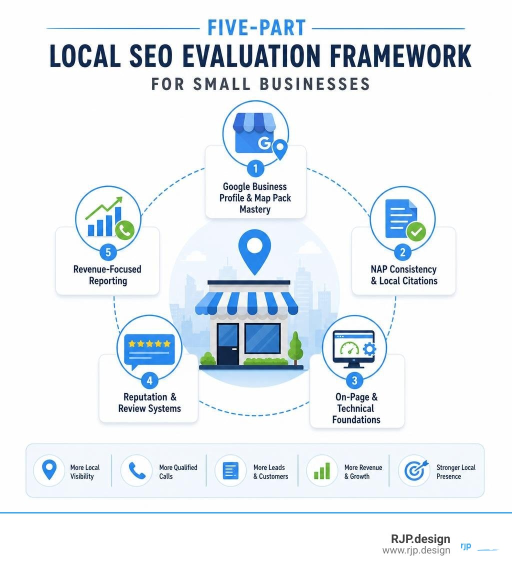 Five-part local SEO evaluation framework for small businesses infographic