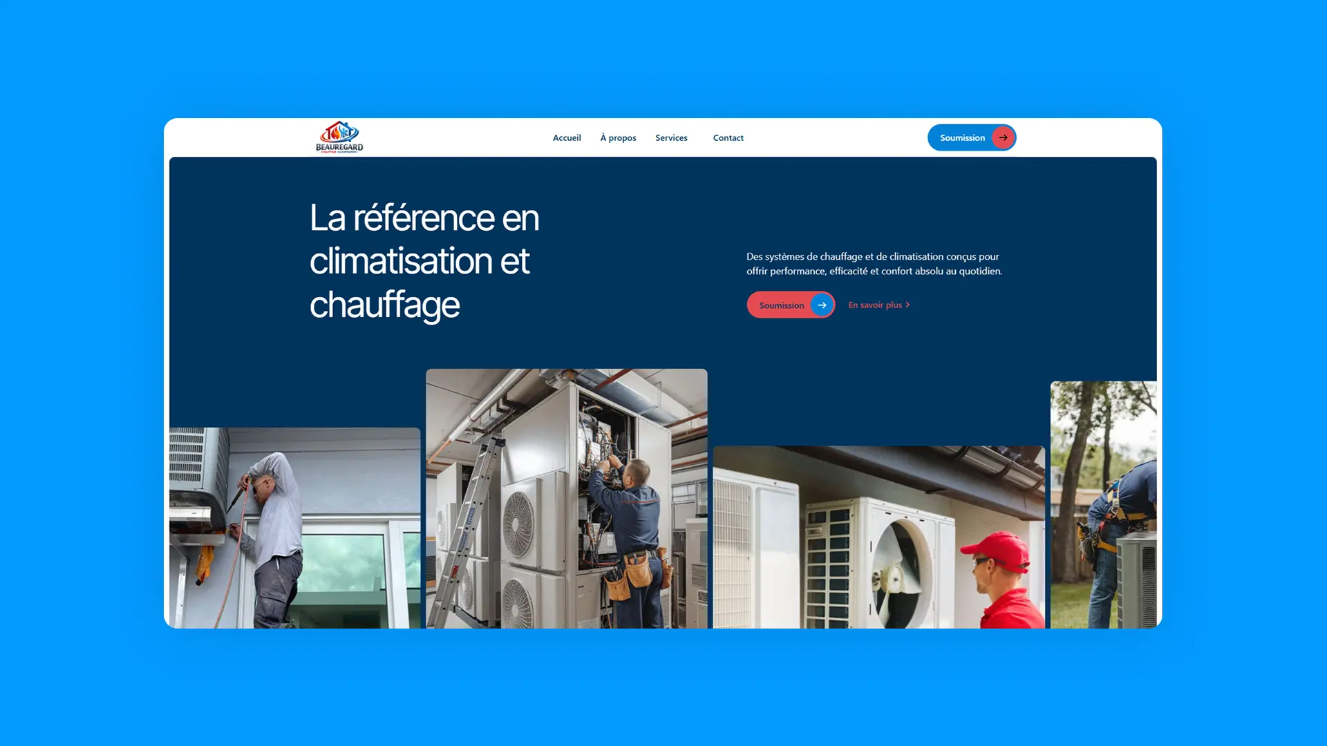Aperçu de la section héro du site web de Beauregard Climatisation affichant le slogan La référence en climatisation et chauffage