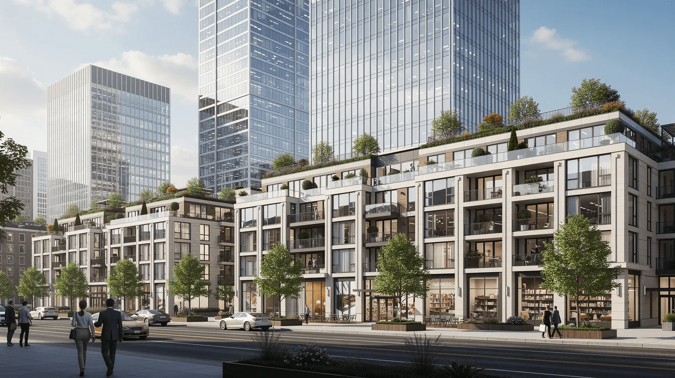 The image depicts modern commercial real estate buildings alongside sleek apartment complexes, symbolizing the growth potential of private real estate investments within a diversified portfolio. These structures represent alternative asset classes that can enhance returns and provide stable cash flows for institutional investors and high net worth individuals.