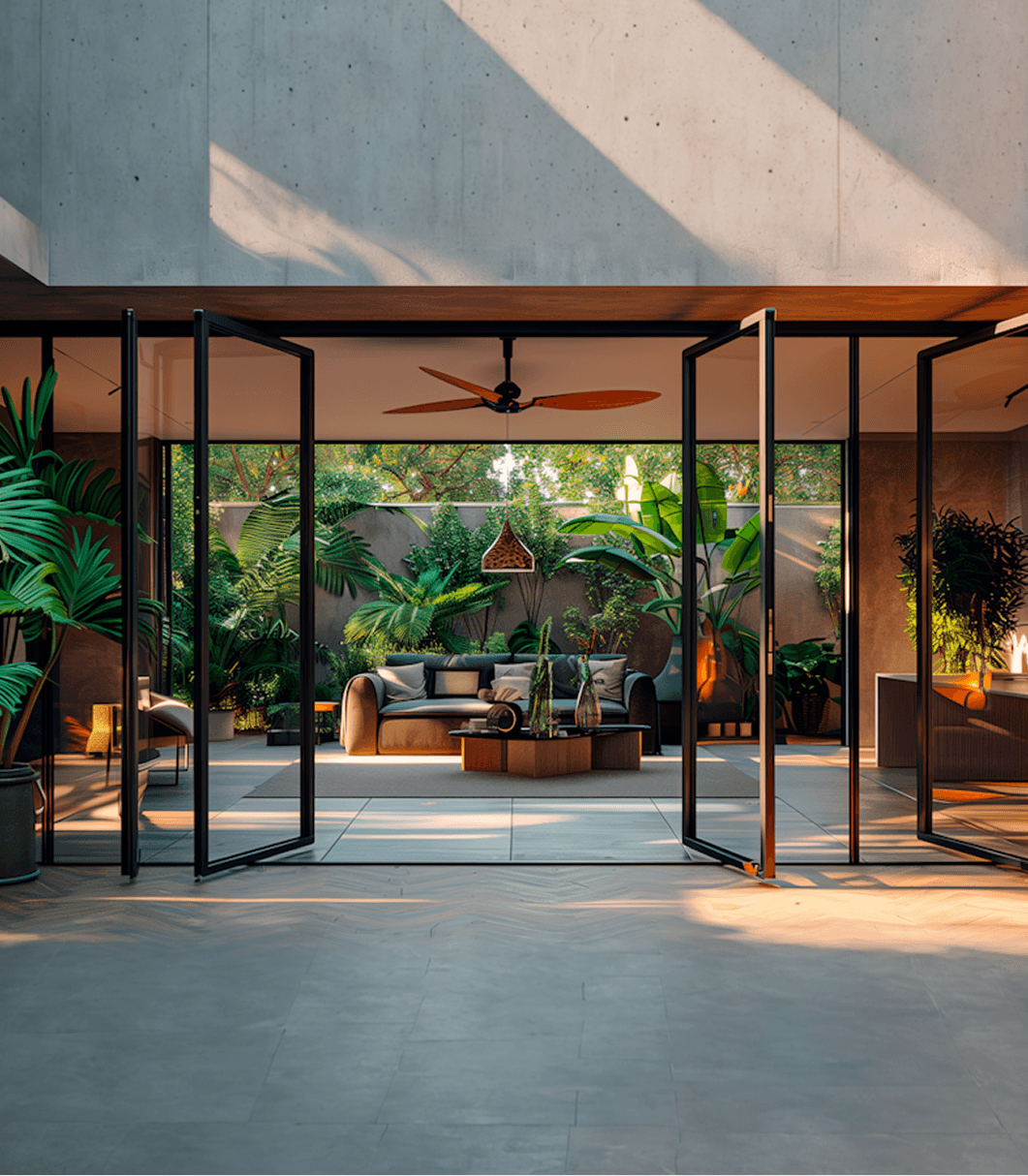Twilight view of open-plan living space with black-framed glass walls, modern furniture, and integration between indoor and outdoor tropical landscaping
