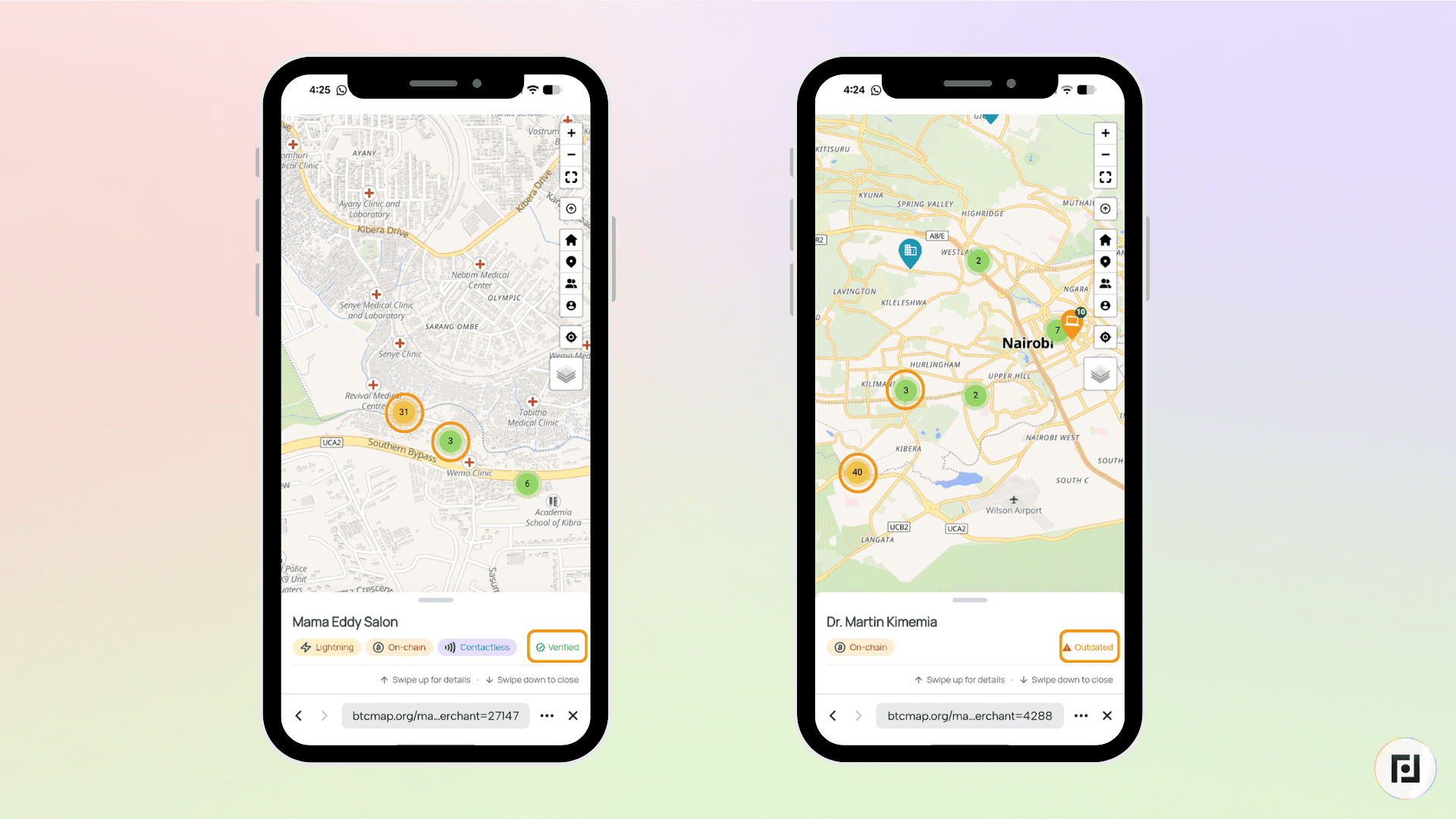 BTC Map showing green pin for Mama Eddy Salon (recently verified) and yellow pin for Dr. Martin Kimemia (listing outdated), both in Nairobi