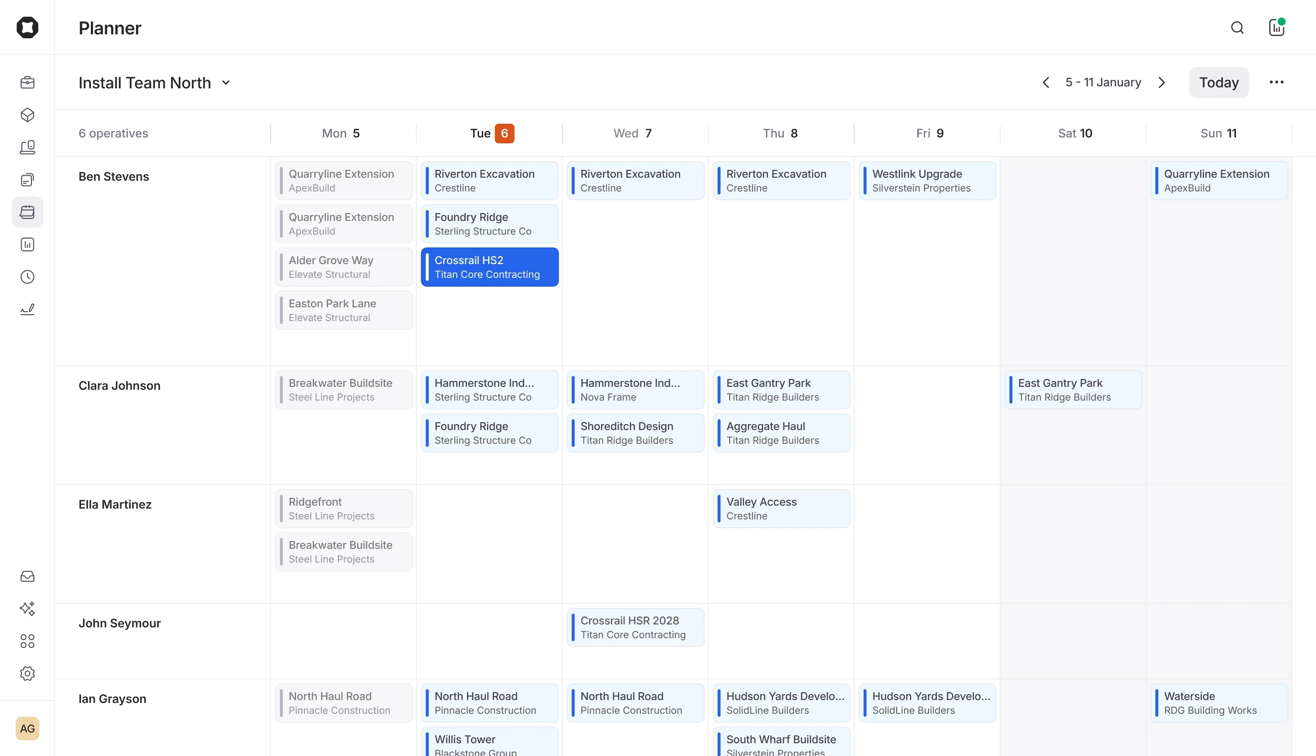 In the Onetrace Planner for July 2025, a calendar grid shows operatives’ daily site visits. Today’s date is highlighted.