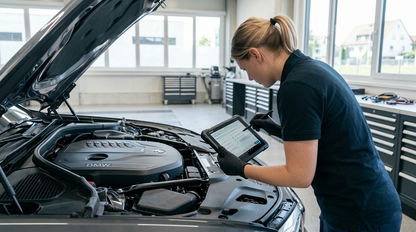 Gebrauchtwagen-Inspektion: Motorraum wird mit Checkliste geprüft
