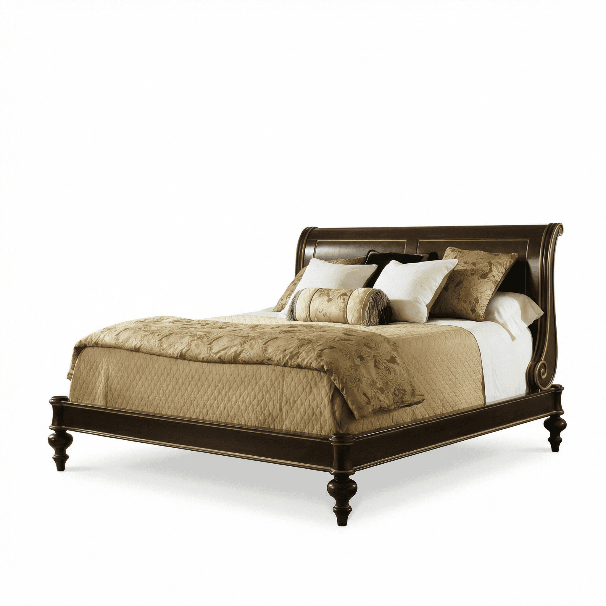 Sleigh bed featuring curved wooden headboard and footboard with turned legs