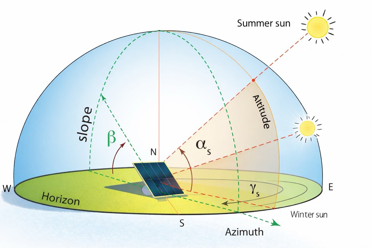 Key orientation factors that affect BIPV performance azimuth tilt sun angle seasonal patterns sun path across the year low and hugh sun position nothern southern hemisphere