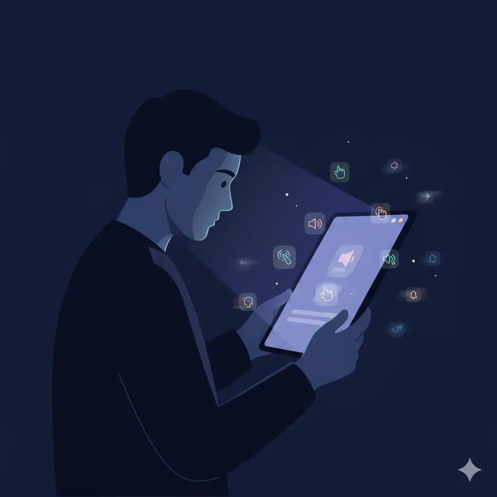 A user silhouette is shown deeply engaged with a glowing screen. Faint, soft-colored sound icons (clicks, swooshes) are floating gently around the interface, visually representing their unobtrusive, supportive role.