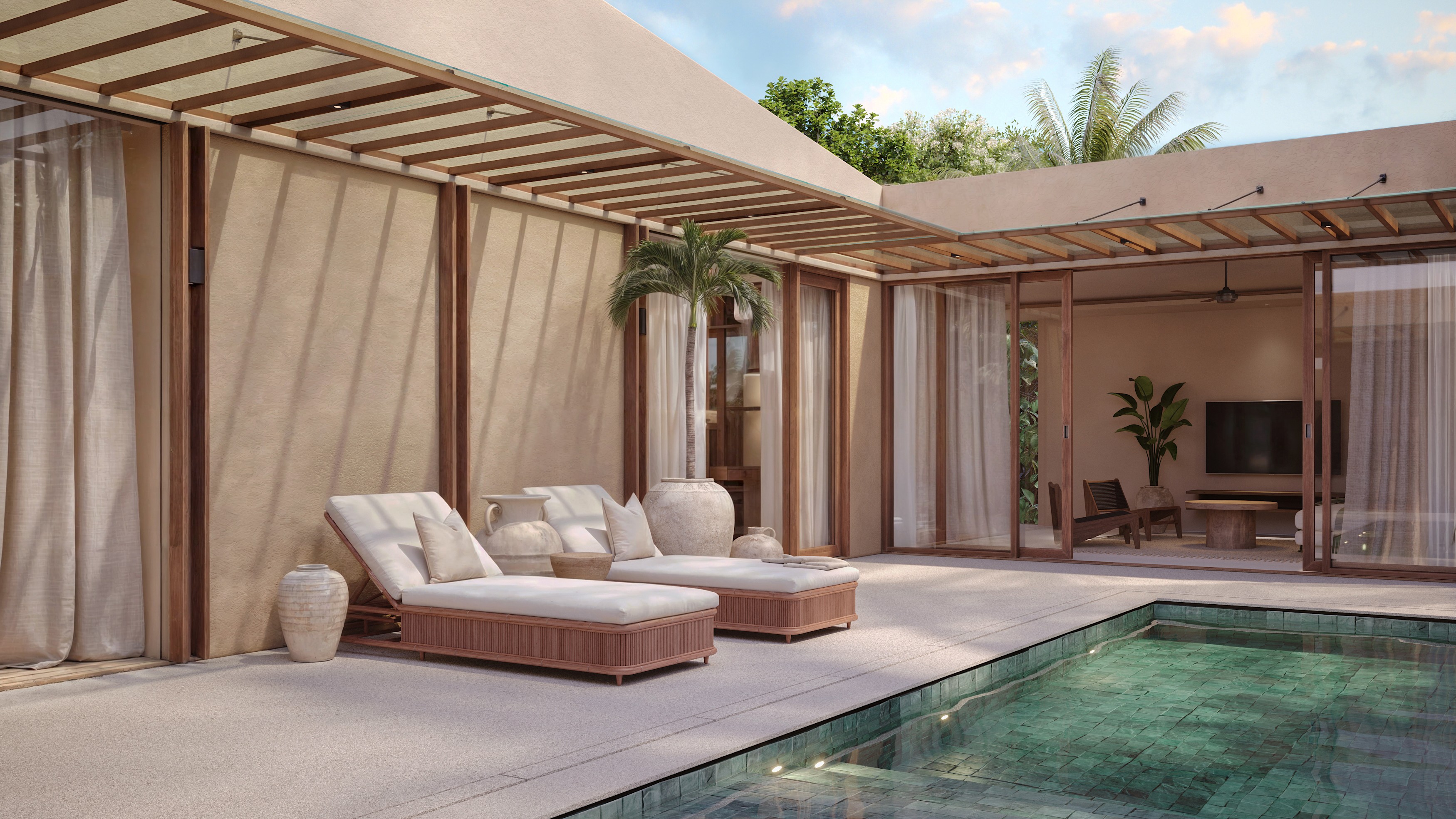 Master bedroom at The Sky Nest villa – bamboo architecture, round bed, panoramic jungle views Bali