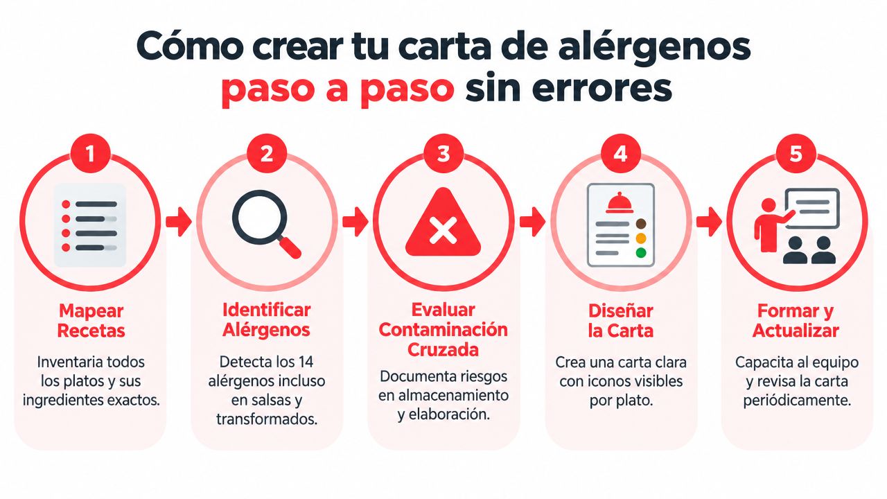 Infografía paso a paso sobre cómo crear correctamente una carta de alérgenos para restaurantes sin cometer errores.