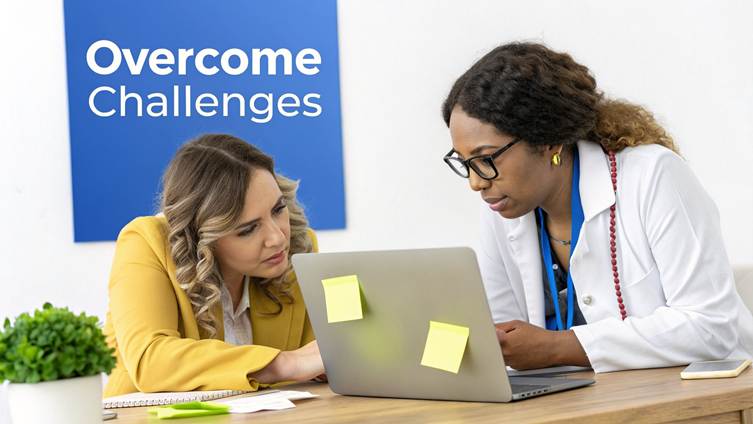 Two women, one in a lab coat, collaborate on a laptop with sticky notes, under a sign saying 'Overcome Challenges'.