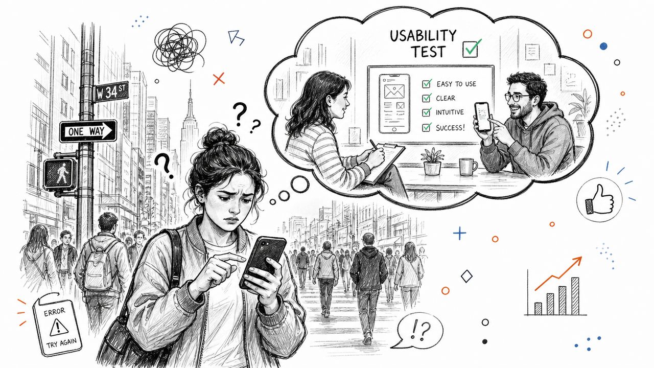 A confused person looking at a smartphone, imagining a successful usability test session for an application.