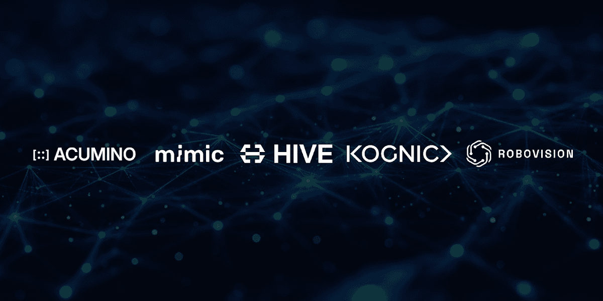 Acumino, mimic robotics, HIVE, Kognic and Robovision logos over an industrial robotics background