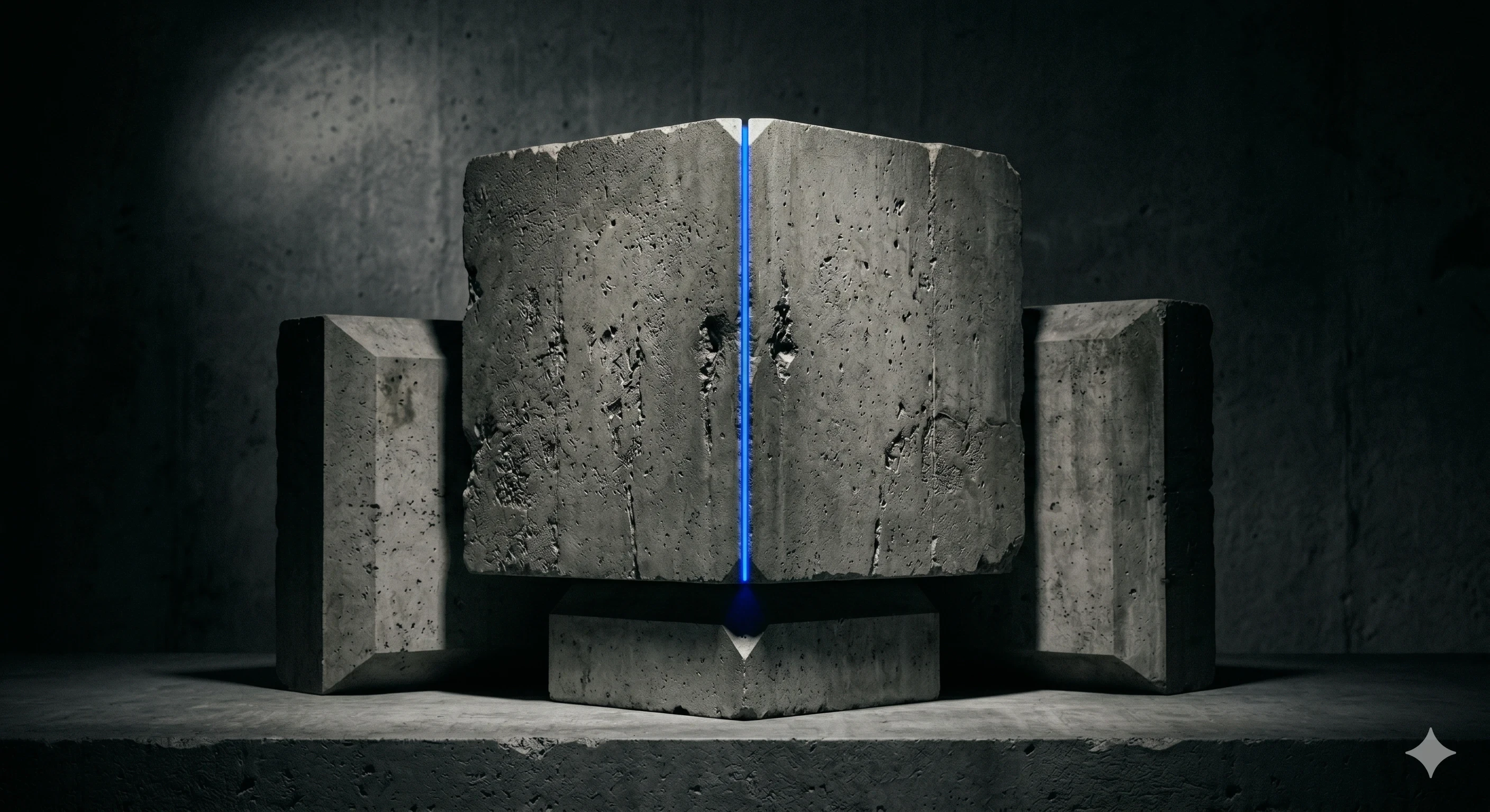 3D concrete block render with glowing blue center line.