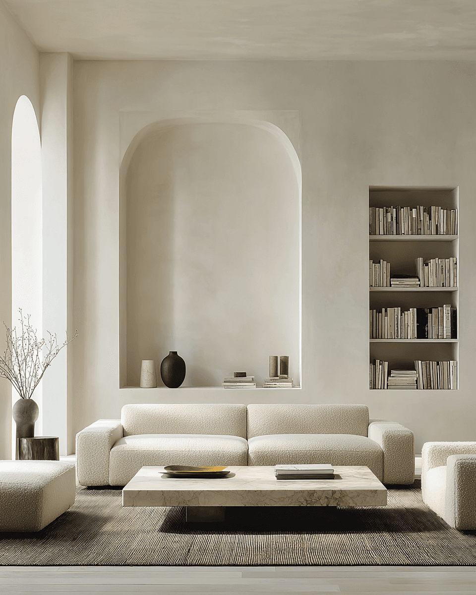 A modern bedroom with a stylish, neutral aesthetic.