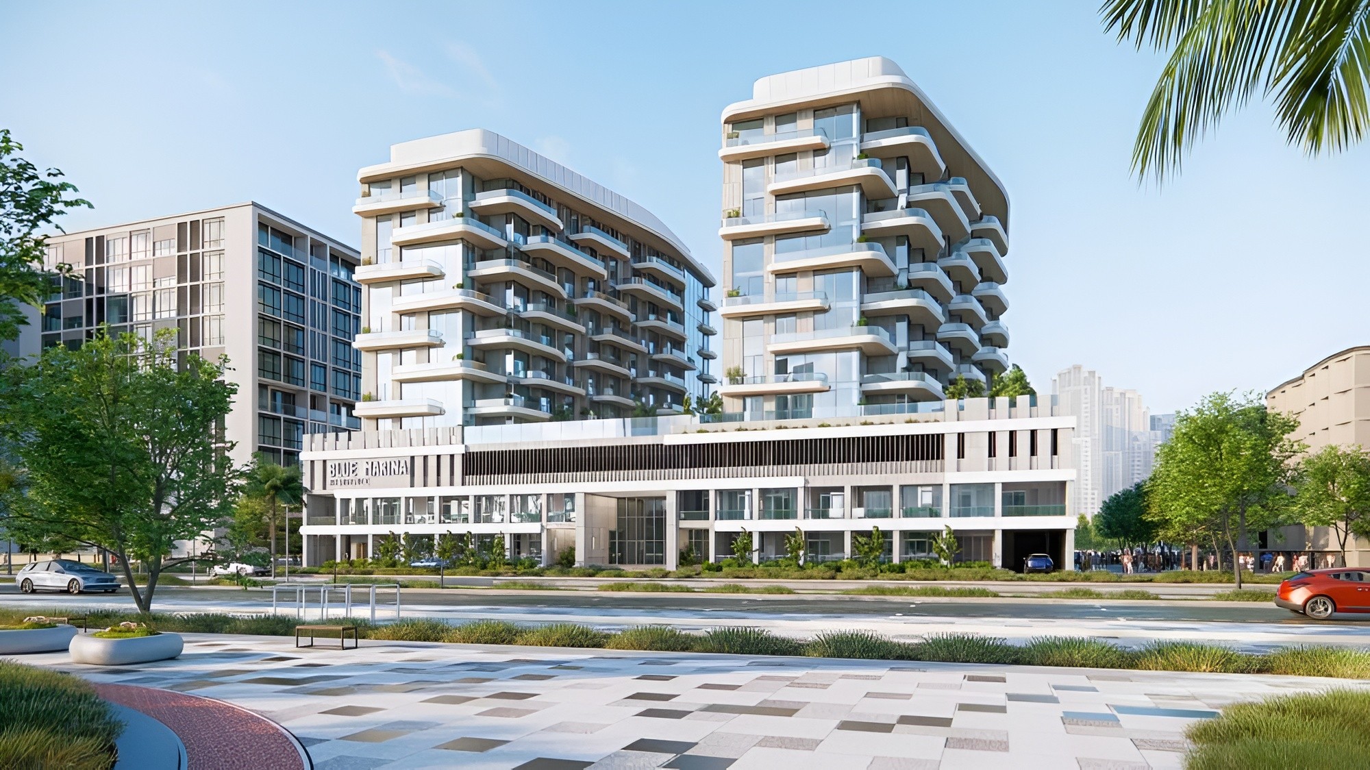 The Blue Marina apartment complex in Dubai, highlighting its modern facade and urban landscape.